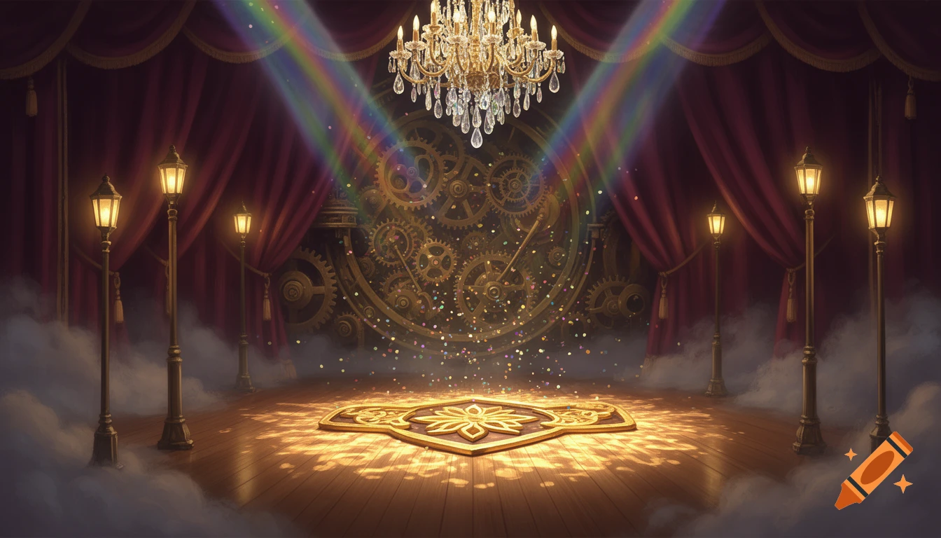 A grand theatrical stage with red curtains, crystal chandelier, streetlights, spotlights, and a backdrop of golden gears with falling confetti.