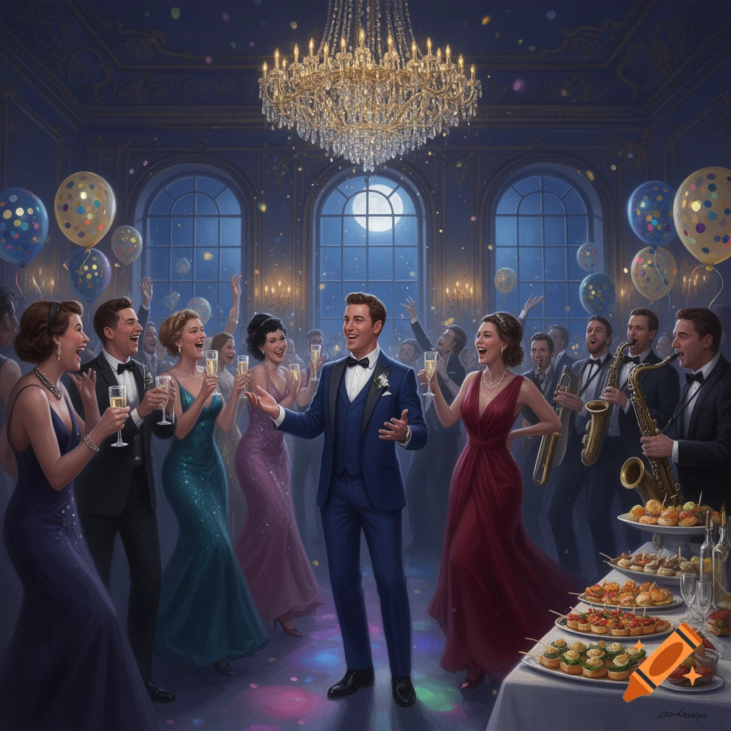 People in formal attire celebrating at an elegant party in a grand ballroom with a chandelier, balloons, and a food table.