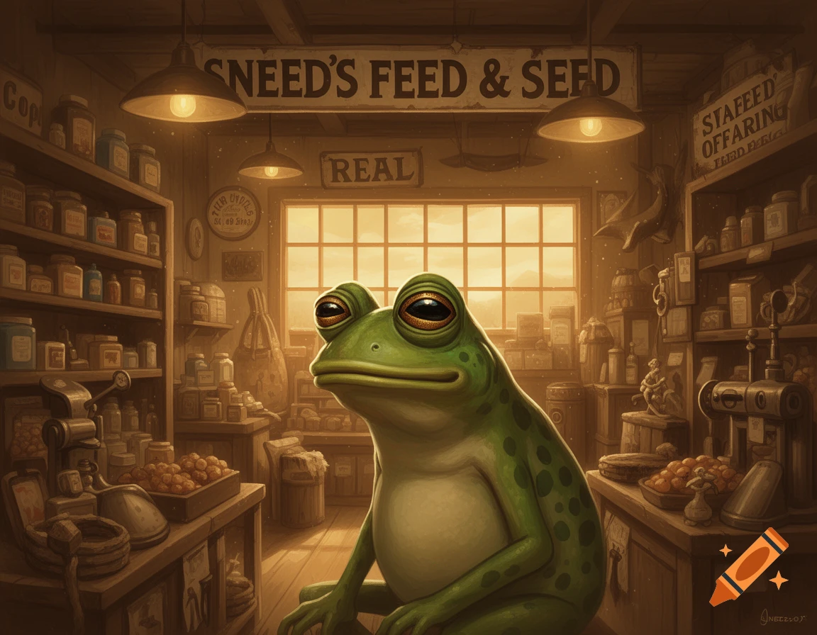 A green frog with large eyes sits in an old-fashioned general store, with shelves full of jars and a sign that reads "SNEED'S FEED & SEED".
