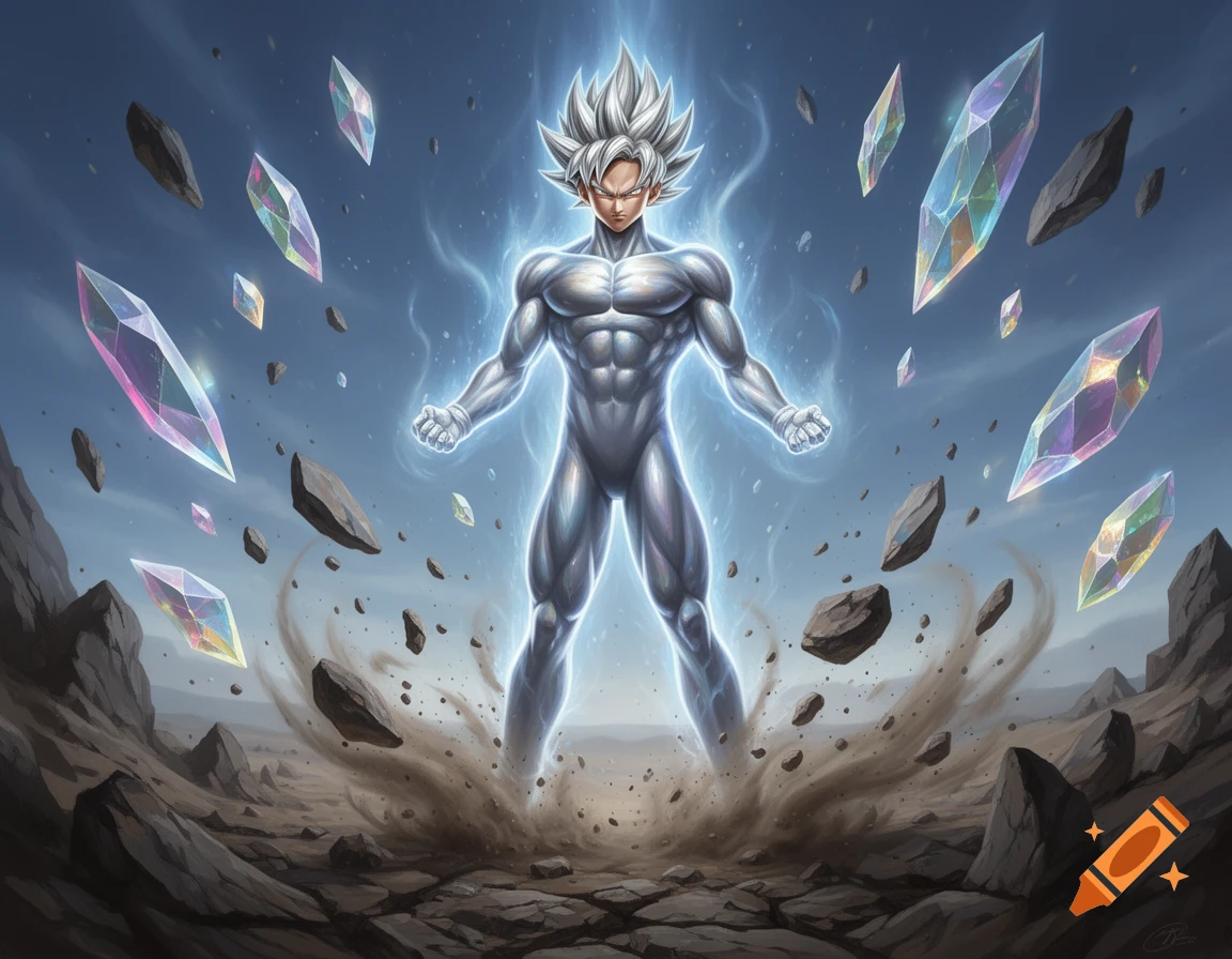 Goku in Ultra Instinct form, surrounded by an ethereal blue glow and floating crystals over a desolate, rocky landscape.
