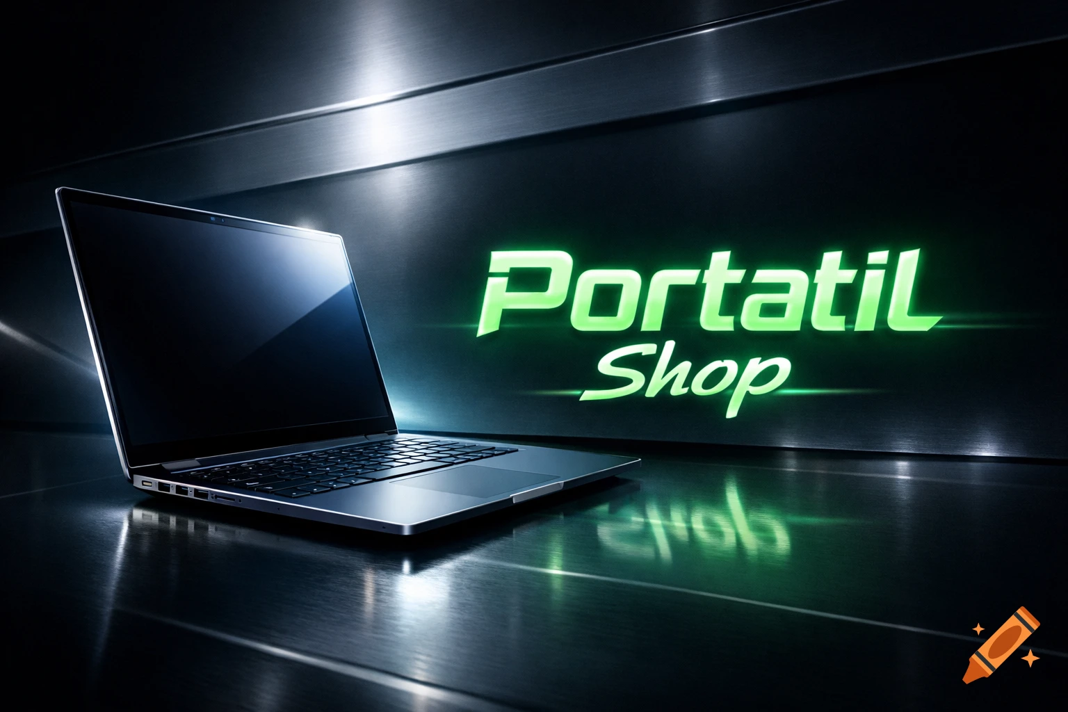 A sleek silver laptop on a reflective surface, with glowing green text "Portatil Shop" on a dark metallic background.