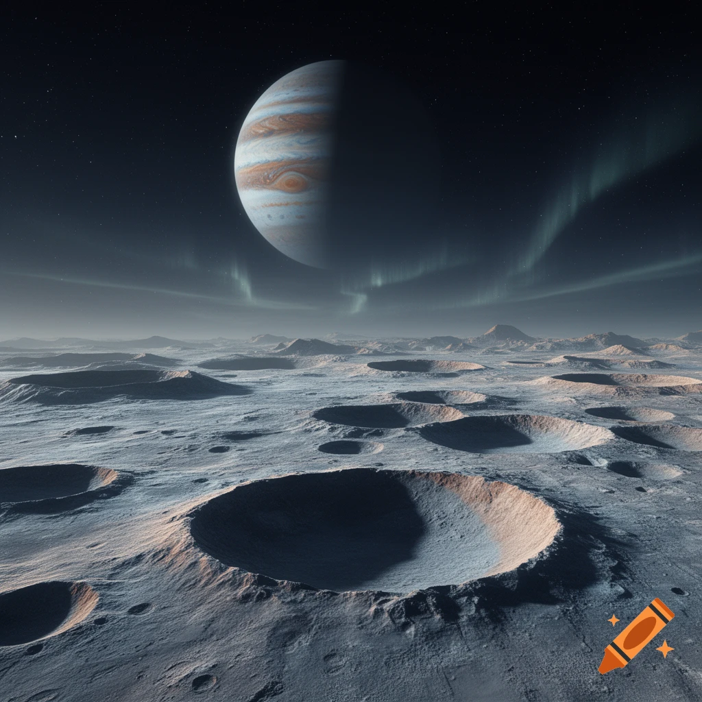 A desolate, cratered moon surface under a dark sky with a large striped gas giant planet and faint green aurora in the distance.