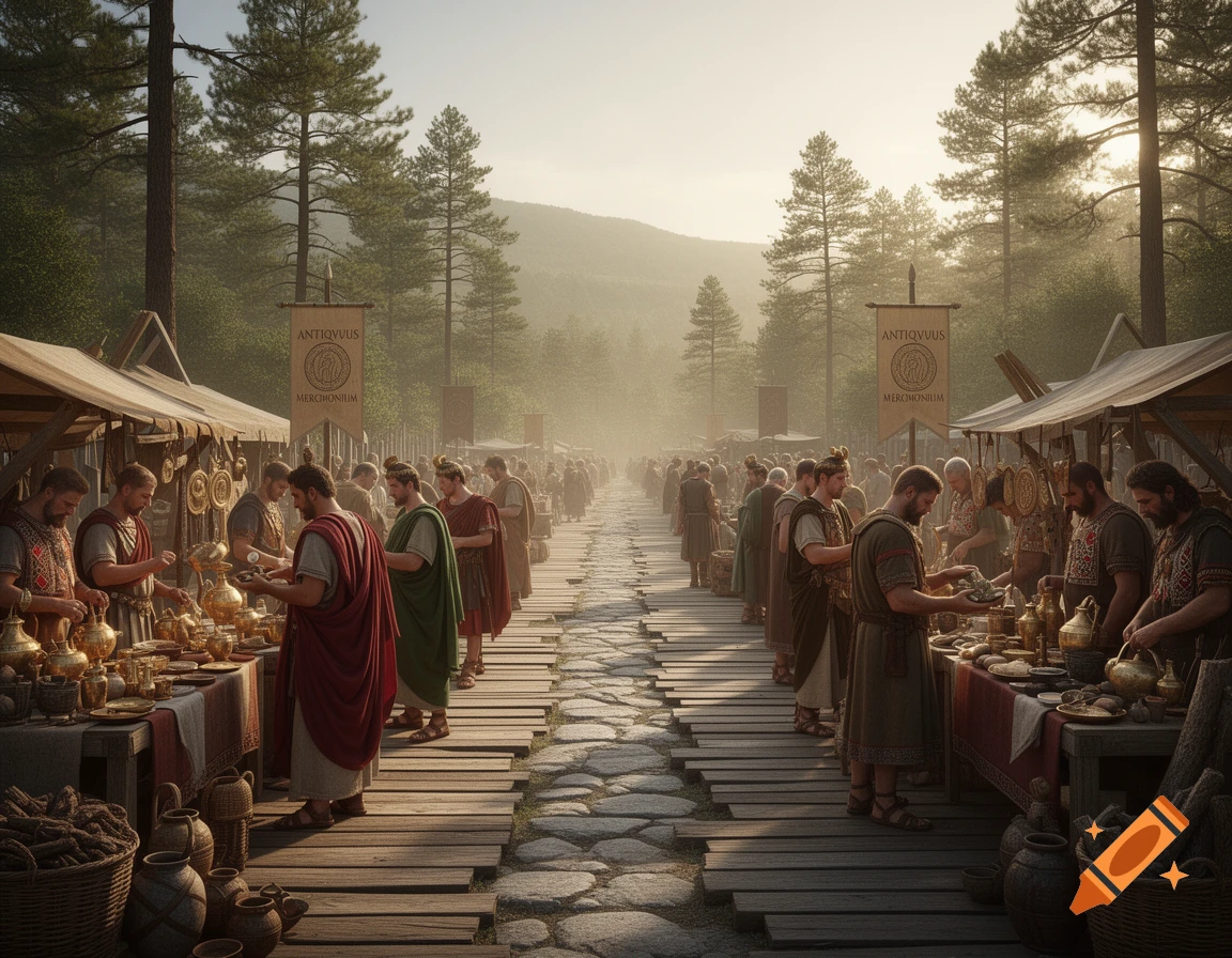 A photorealistic depiction of a bustling Roman market in a sunlit forest, with traders selling goods along a stone and wood path.