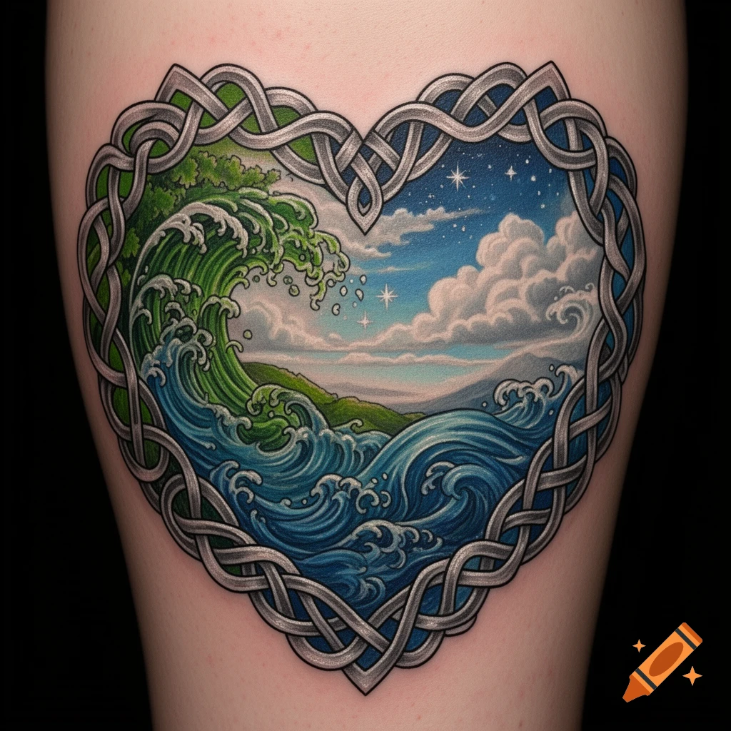 A colorful tattoo depicting a stormy sea, land, and starry sky within a heart-shaped Celtic knot frame on skin.