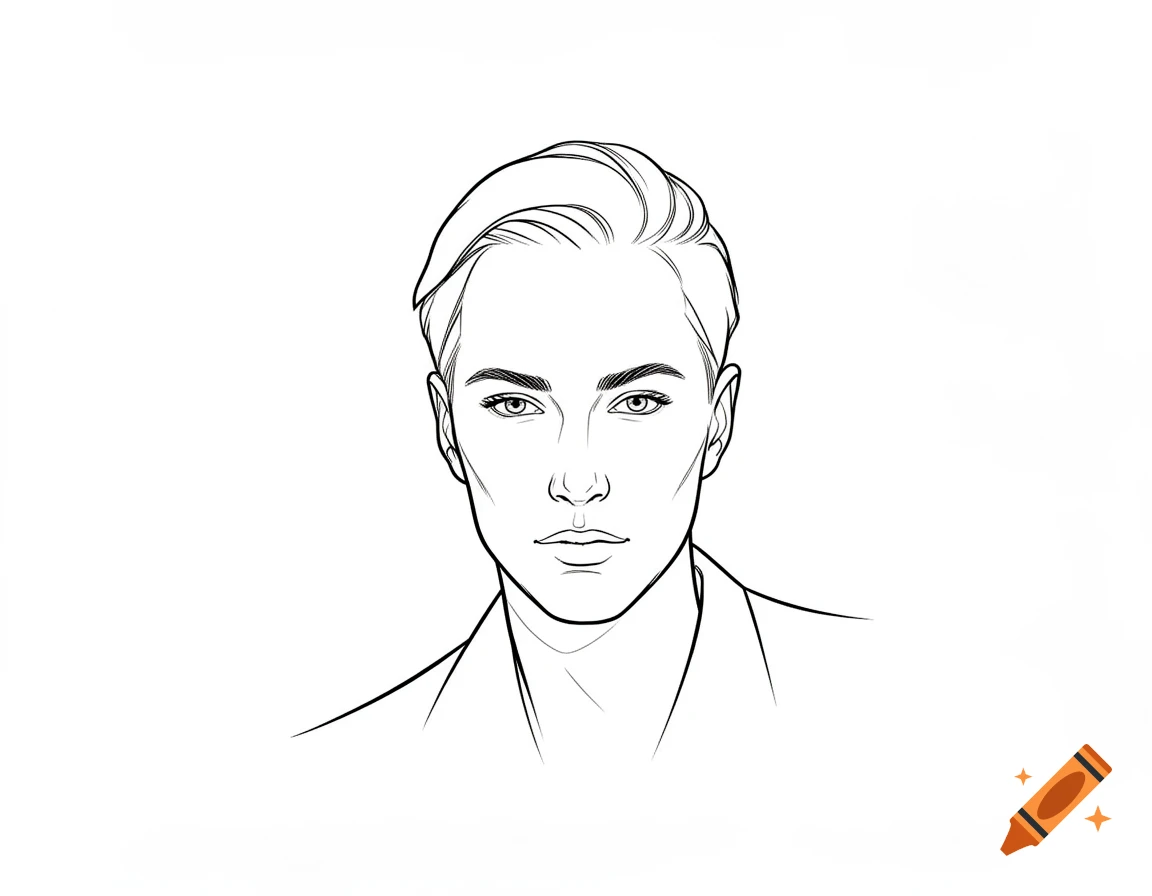 Minimalist black line art portrait of a person with swept-back hair, looking directly forward.