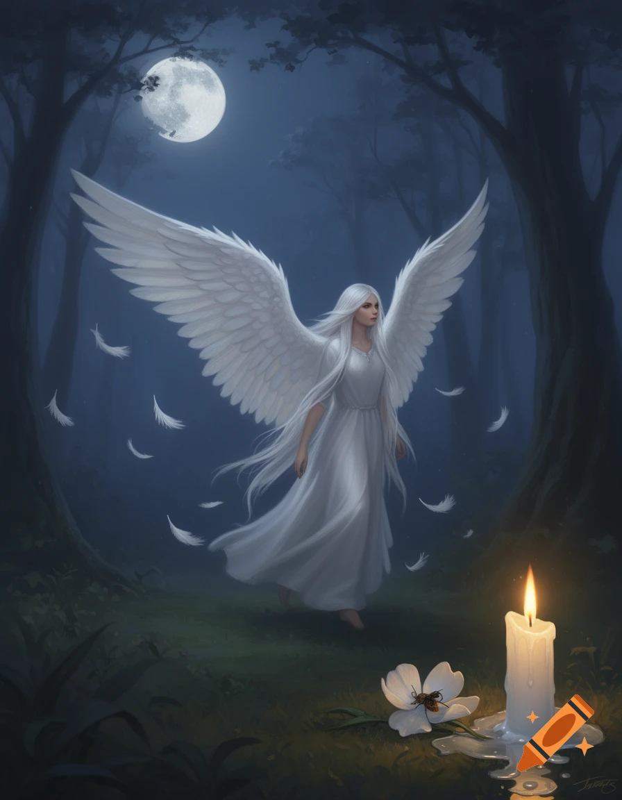 A majestic white-winged angel in a flowing dress walks through a moonlit forest, with falling feathers, a lit candle, and a flower.