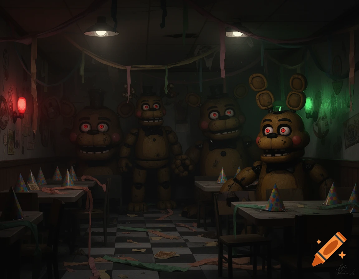 Four golden animatronic bears with glowing red eyes stand in a dimly lit, messy party room with streamers and party hats.