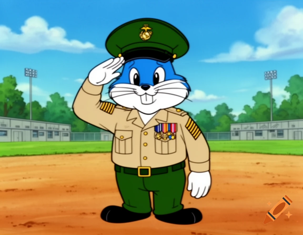 Buster Bunny, a blue cartoon rabbit in a USMC uniform, salutes on a baseball field.