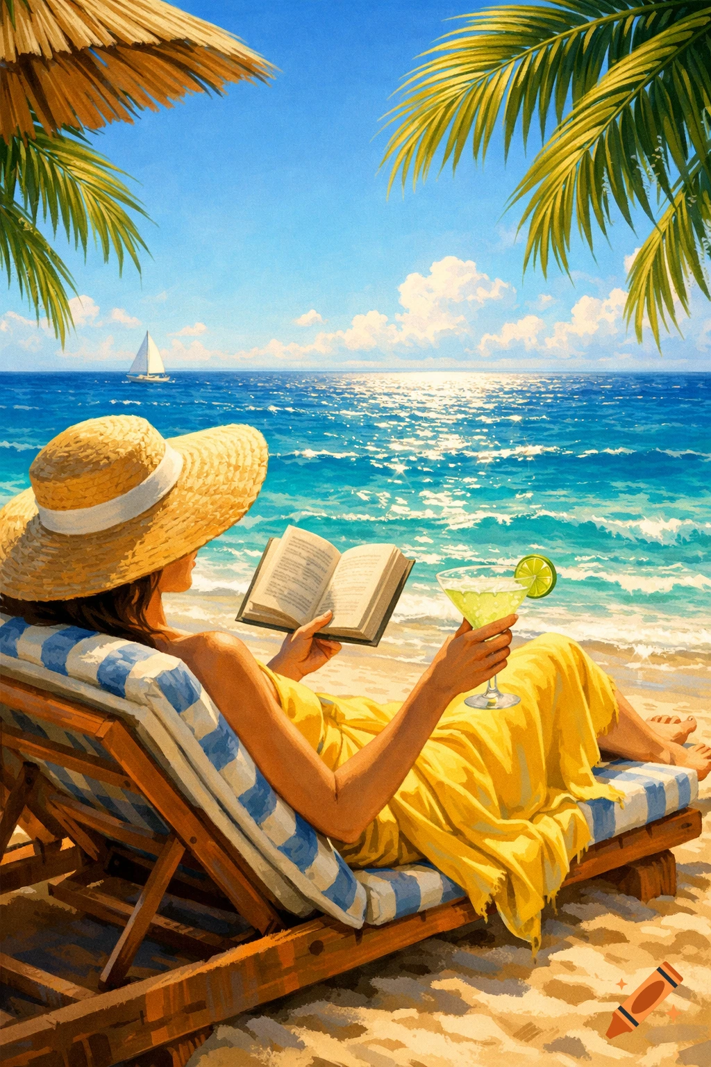 A woman in a straw hat and yellow dress relaxes on a beach chair, reading a book and holding a margarita, overlooking a sunny blue ocean with a sailboat, rendered in a vibrant painting style.
