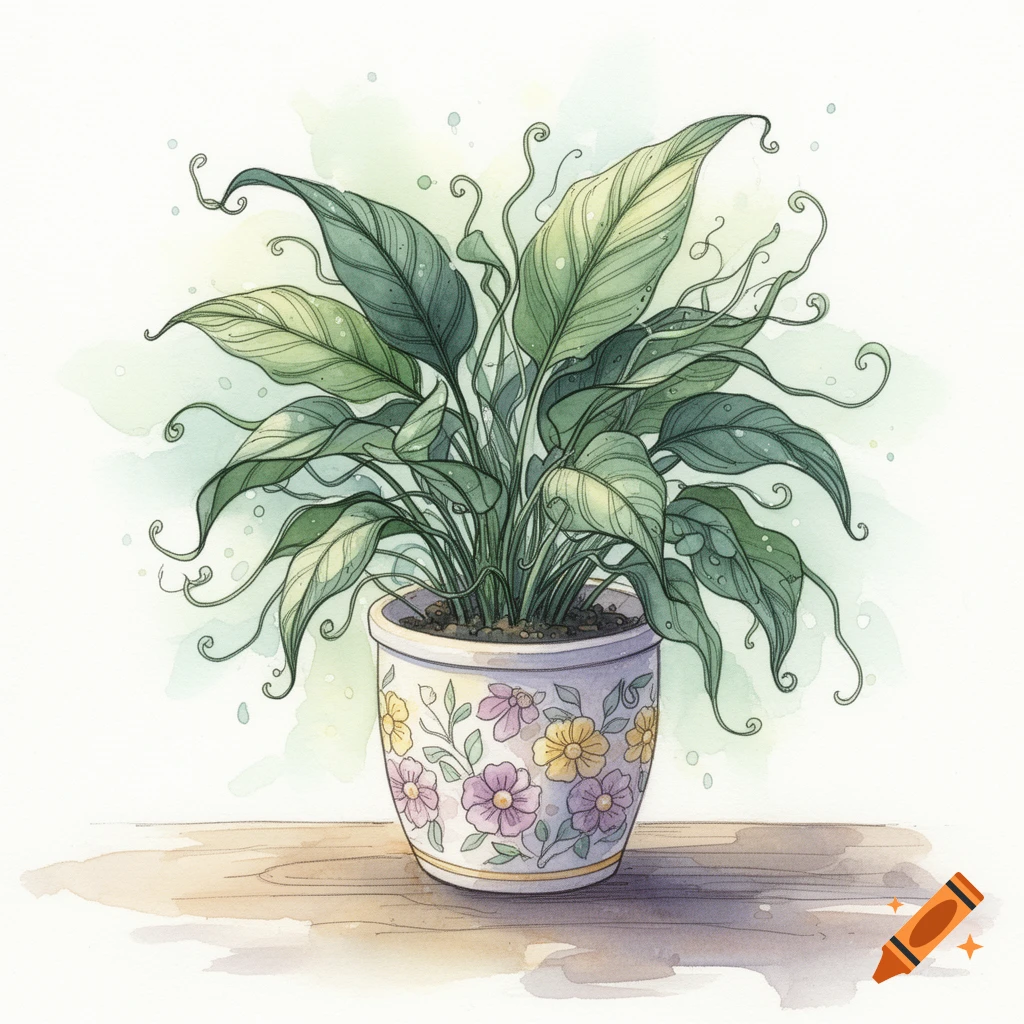 Whimsical watercolor and ink illustration of a houseplant in a colorful, flower-decorated pot on a wooden surface.