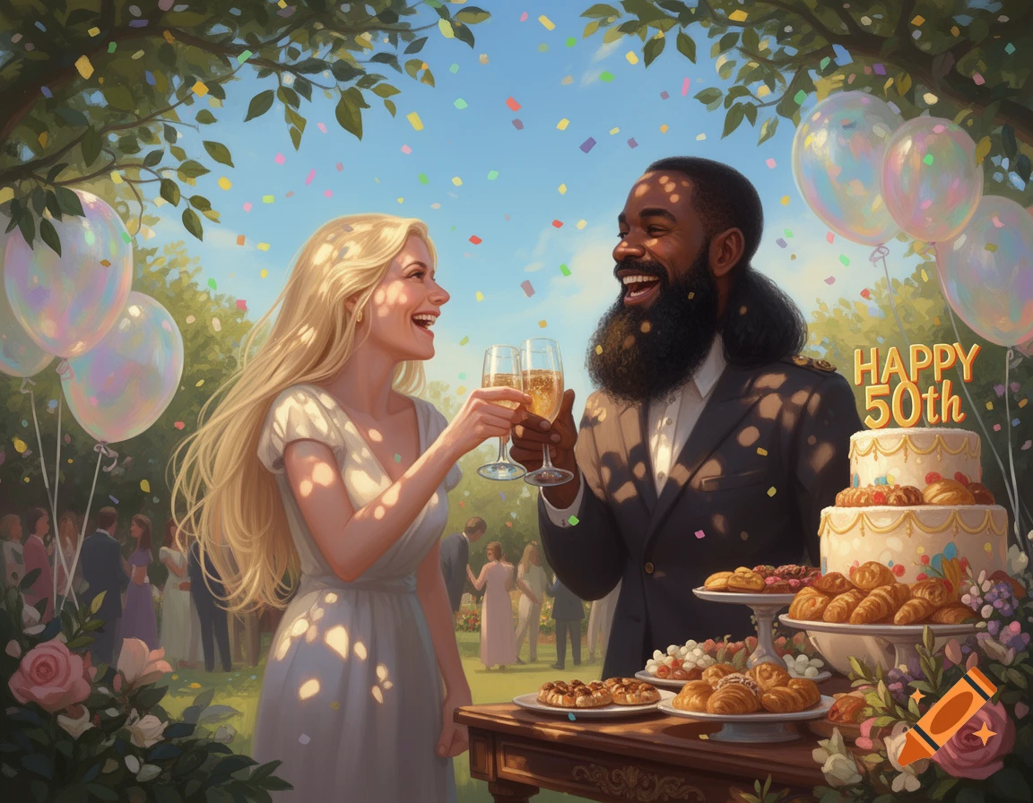 A man with a full beard and a blond woman toast champagne at an outdoor 50th birthday party with a cake and confetti.