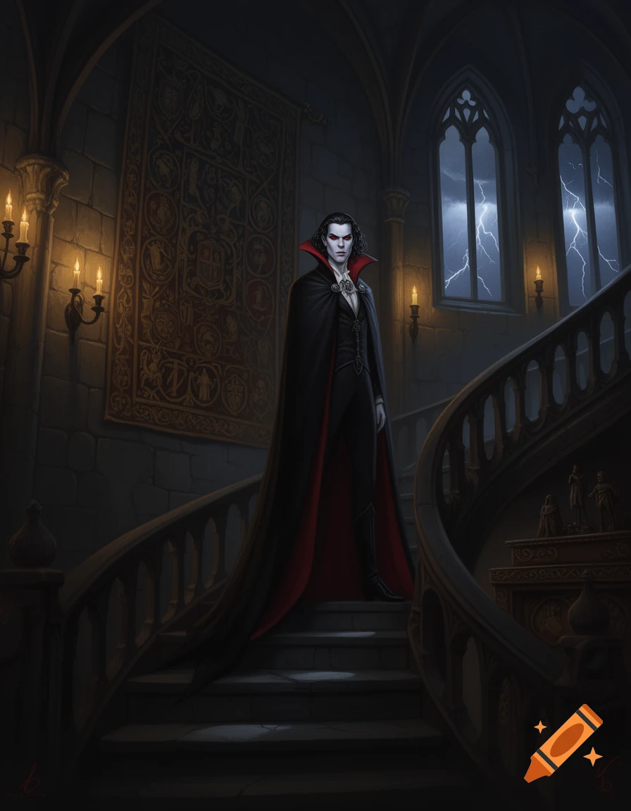 A pale vampire in a black cape with a red lining stands on a grand spiral staircase in a dark, gothic castle during a lightning storm.