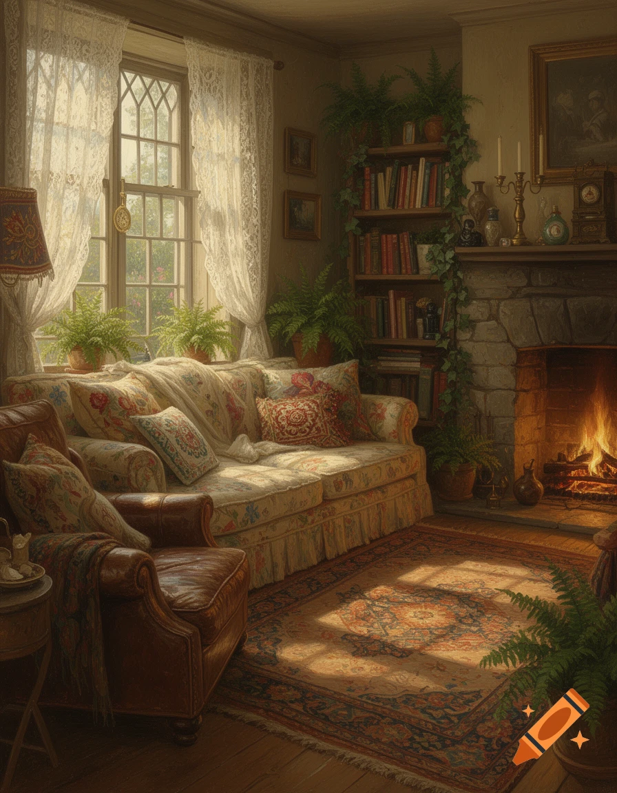 A sunlit, cozy living room with a floral sofa, leather armchair, stone fireplace, bookshelves, and plants.