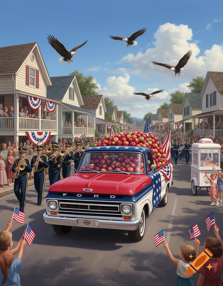 A patriotic parade scene with a vintage Ford truck, painted with American flag colors and filled with apples, moving down a street. A marching band follows, while spectators line the sidewalks and children wave American flags. Four bald eagles fly overhead in a blue sky.