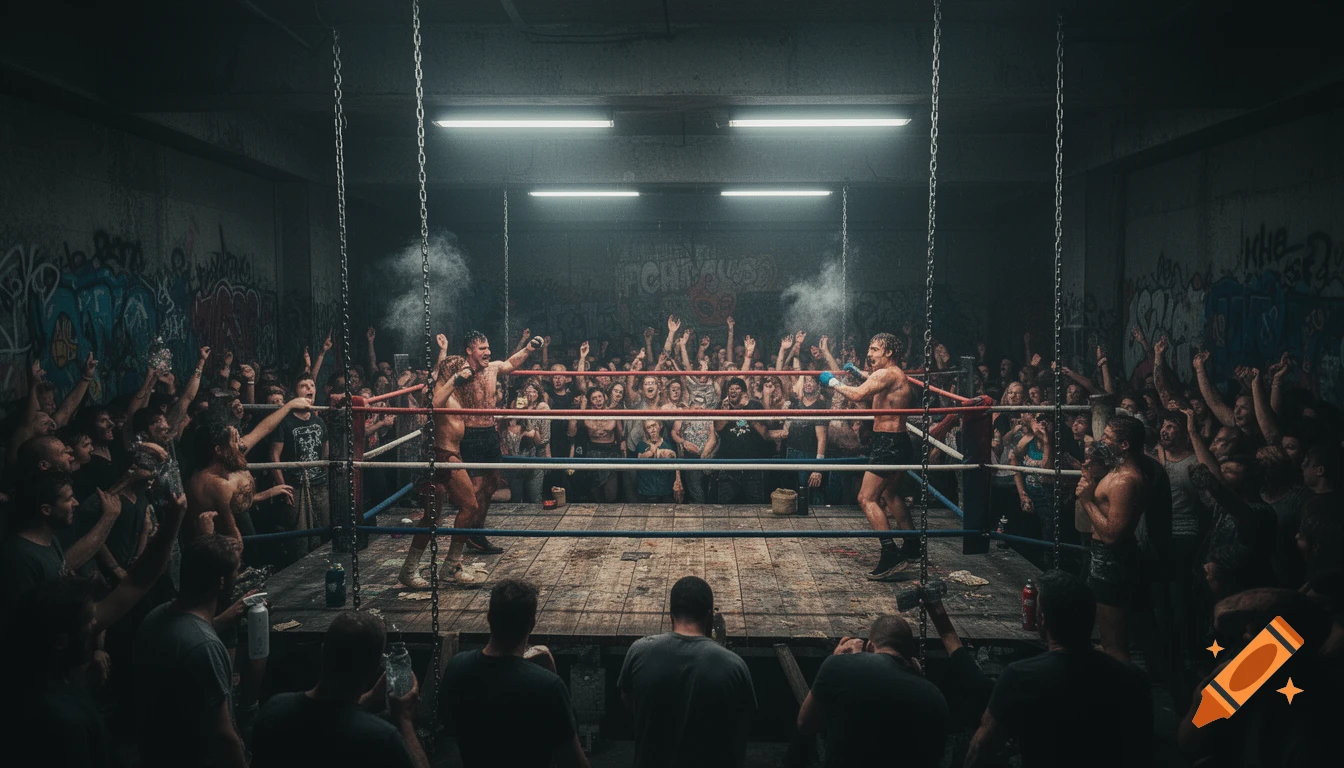 A photorealistic image of two shirtless boxers in a makeshift ring, surrounded by a cheering, excited crowd in a dimly lit, graffiti-covered underground arena.