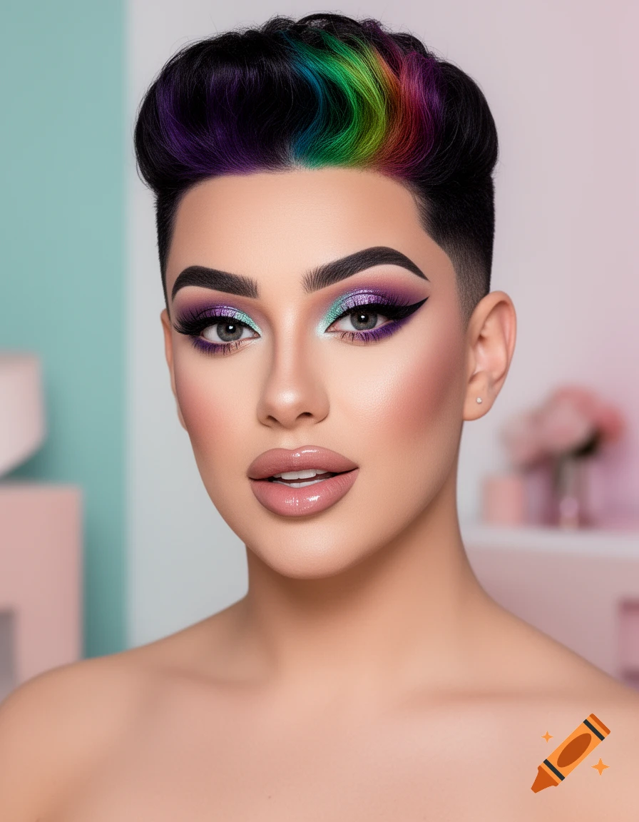 Close-up portrait of a person with rainbow hair and vibrant purple and teal eyeshadow, looking directly at the camera. Photorealistic style.