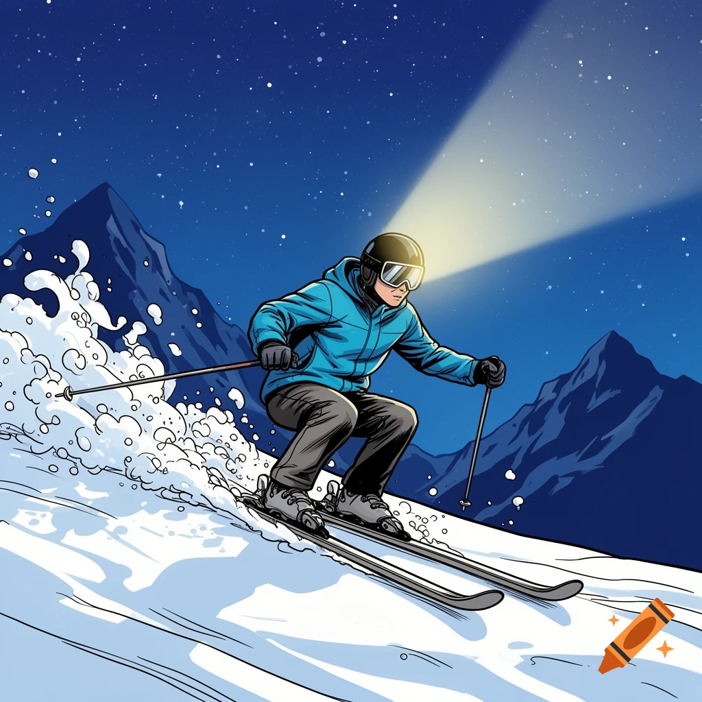 Comic style illustration of a skier in a blue jacket skiing down a snowy mountain at night, lit by a headlamp under a starry sky.