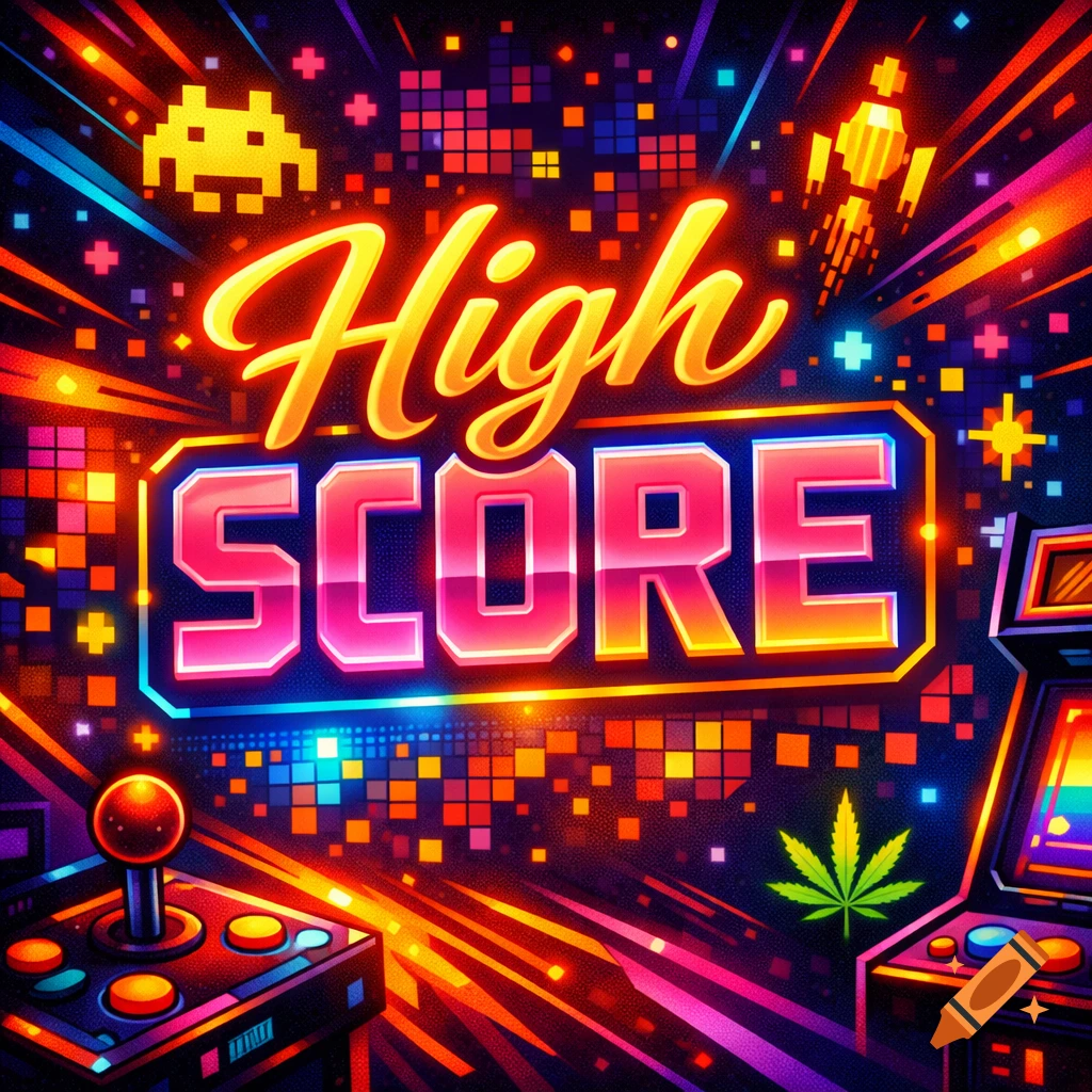Vibrant retro arcade game art with glowing "High Score" text, pixelated invaders, a joystick, and a small cannabis leaf.