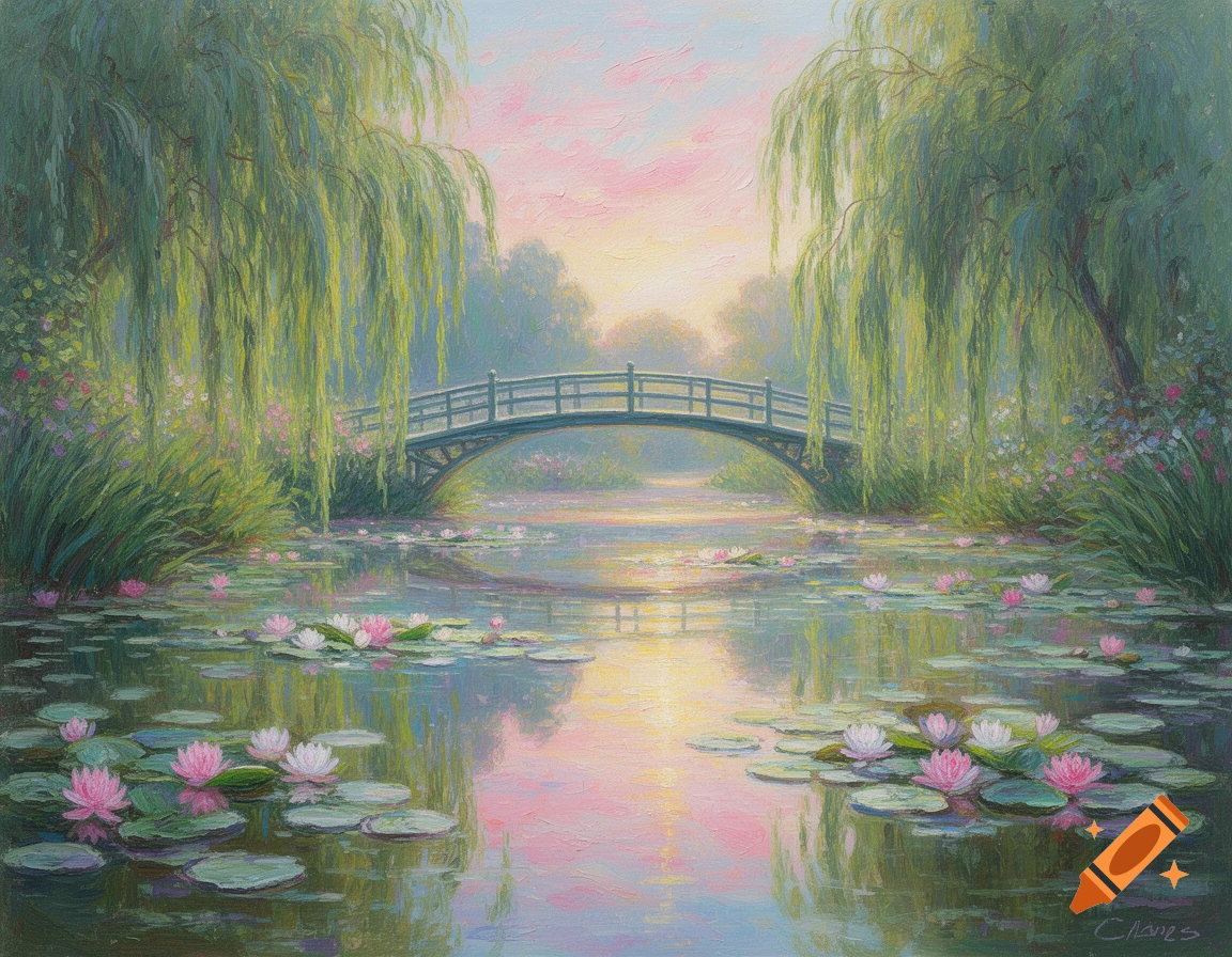 Impressionistic painting of a Japanese bridge over a pond filled with water lilies and surrounded by weeping willow trees at sunset.
