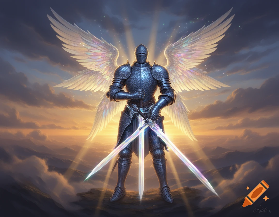 A majestic knight in ornate armor with radiant angel wings stands on a mountain peak, holding three glowing swords. Light beams down from a dramatic sky at sunset.