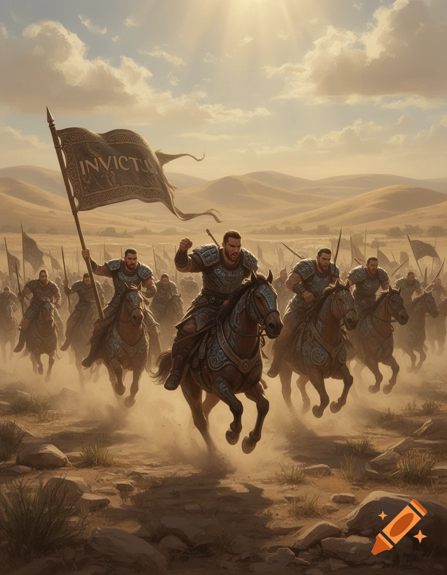 Armored warriors on horseback charge through a dusty desert, led by a man holding an 'INVICTUS' flag under a bright sky, in a realistic style.