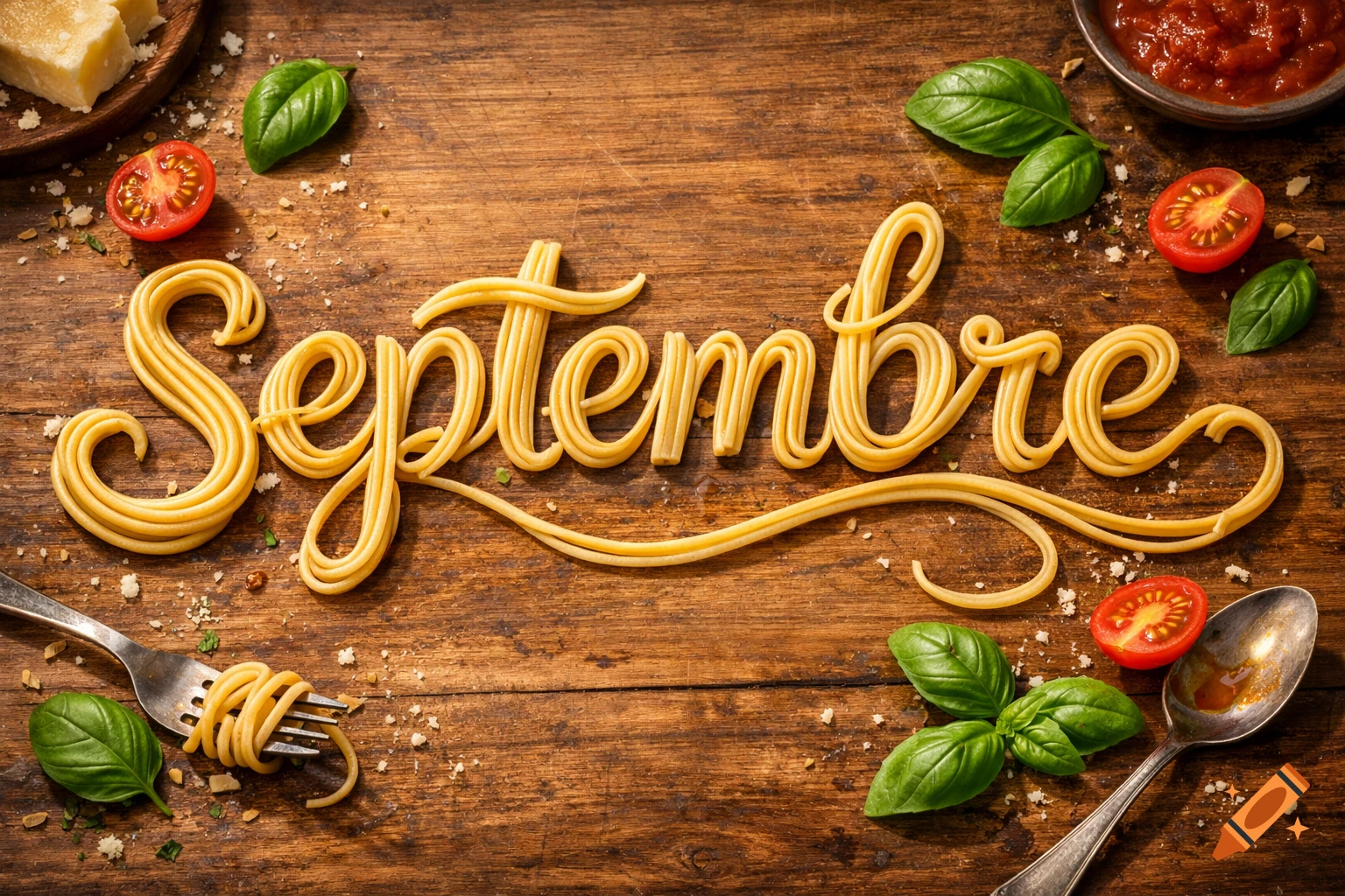 The word 'Septembre' spelled with spaghetti noodles, surrounded by basil, tomatoes, cheese, and a fork on a rustic wooden table.
