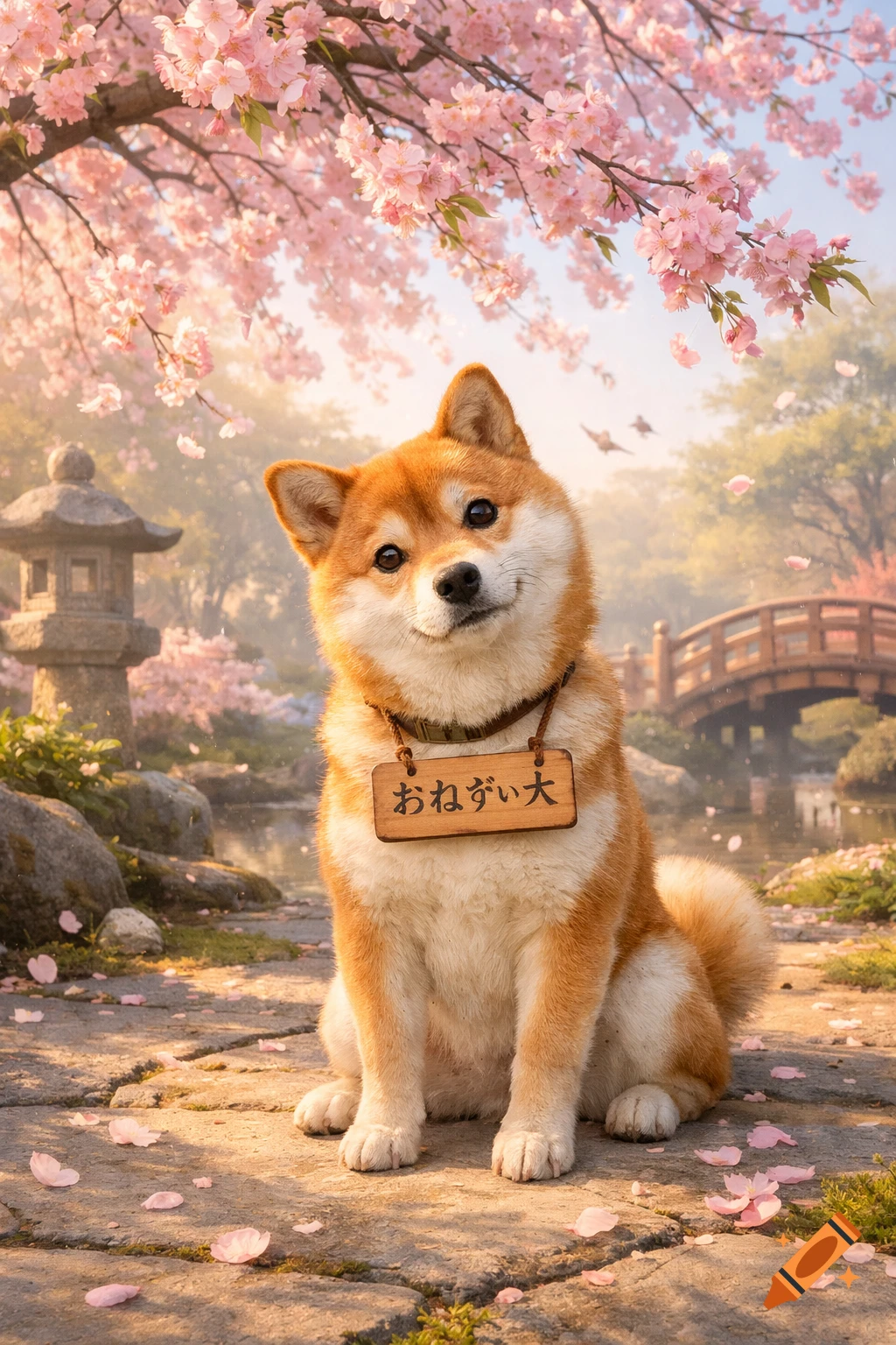A cute Shiba Inu dog with a sign reading "onegai inu" around its neck sits on a stone path in a serene Japanese garden with pink cherry blossoms.