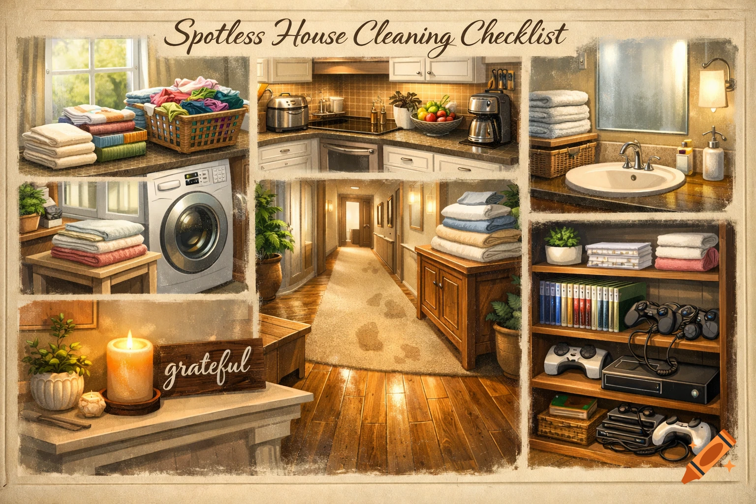 A stylized collage of a spotless house with scenes of laundry, kitchen, bathroom, hallway, and game room, featuring a cleaning checklist title and a 'grateful' sign.