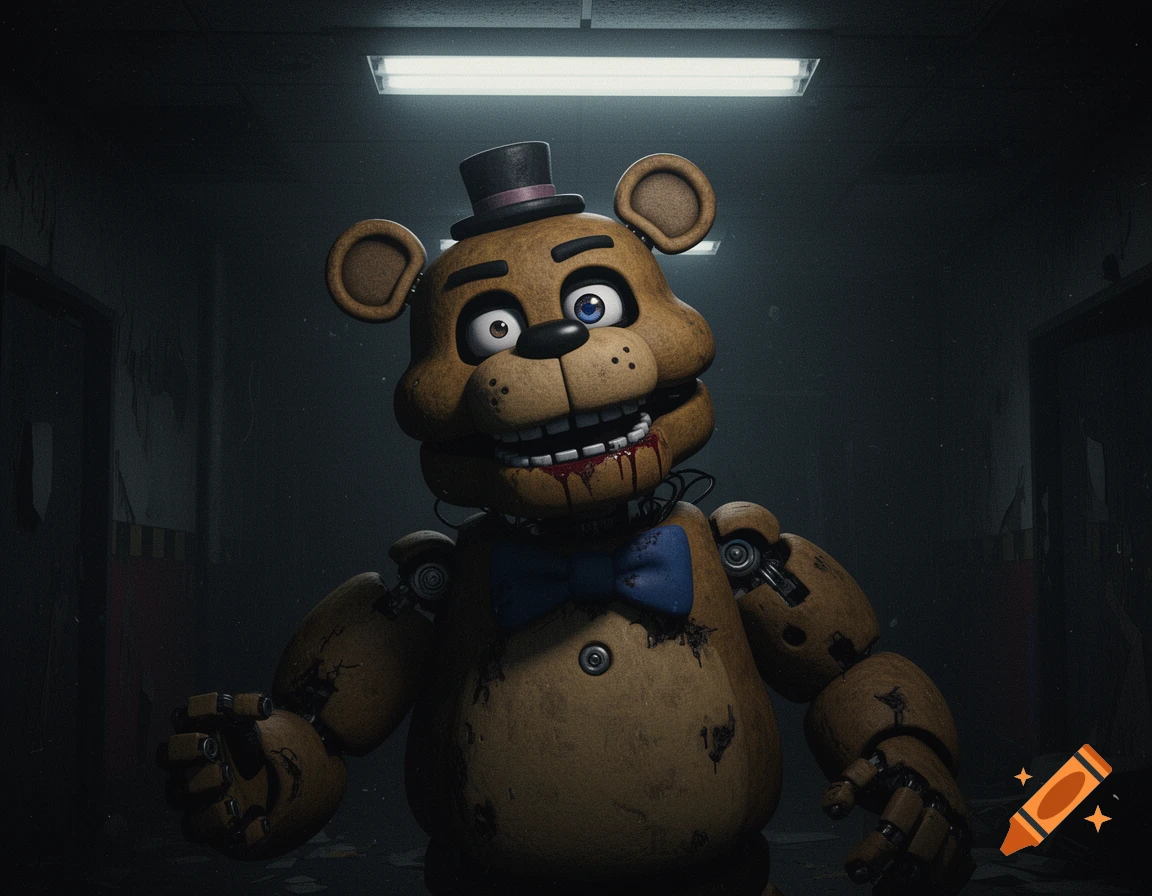 A terrifying animatronic bear, Grinny the Bear, from Five Nights at Freddy's, with bloodstains, a bowtie, and a top hat, in a dark, eerie room.
