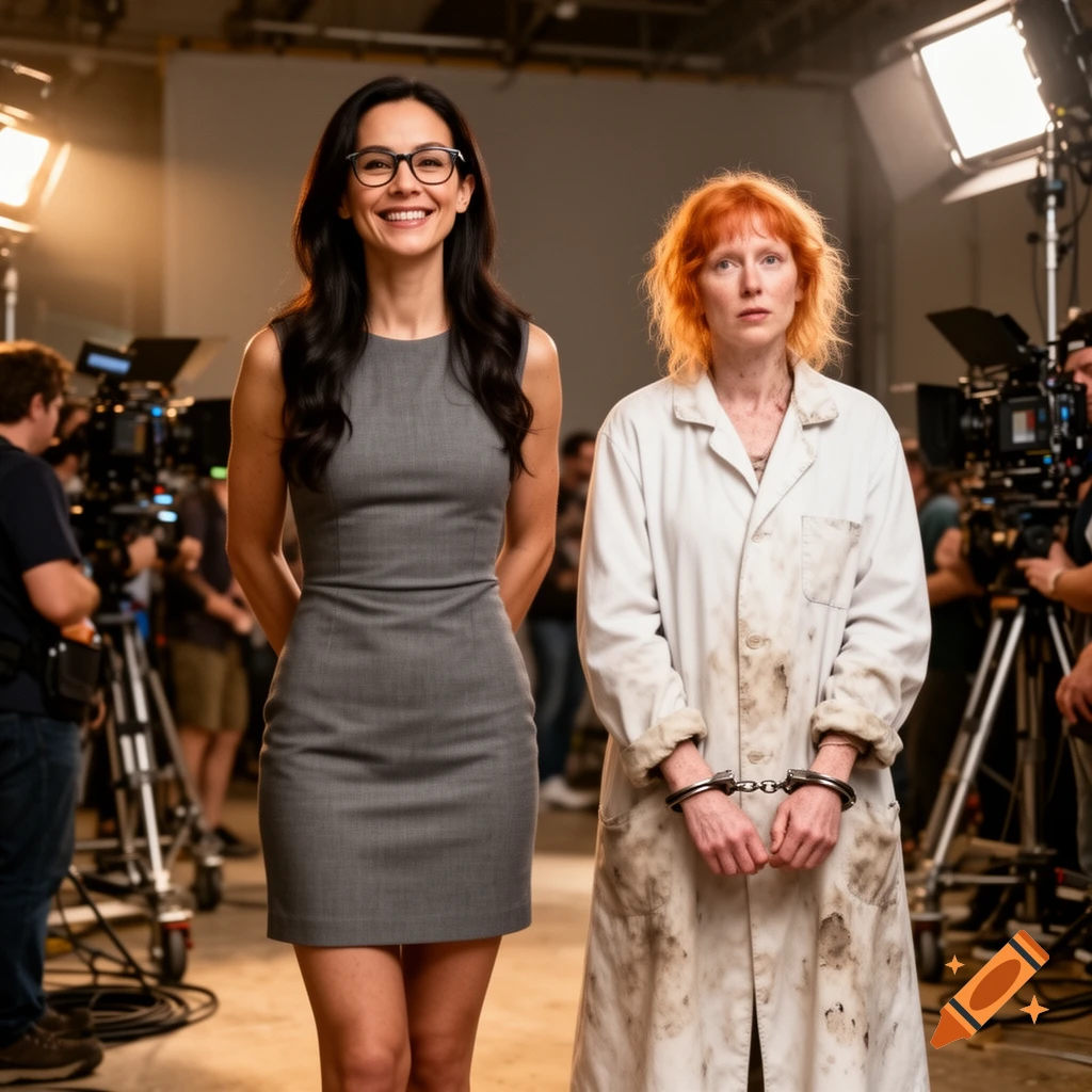 A smiling woman in glasses and a grey dress stands with a bedraggled woman in a dirty lab coat and handcuffs on a film set.