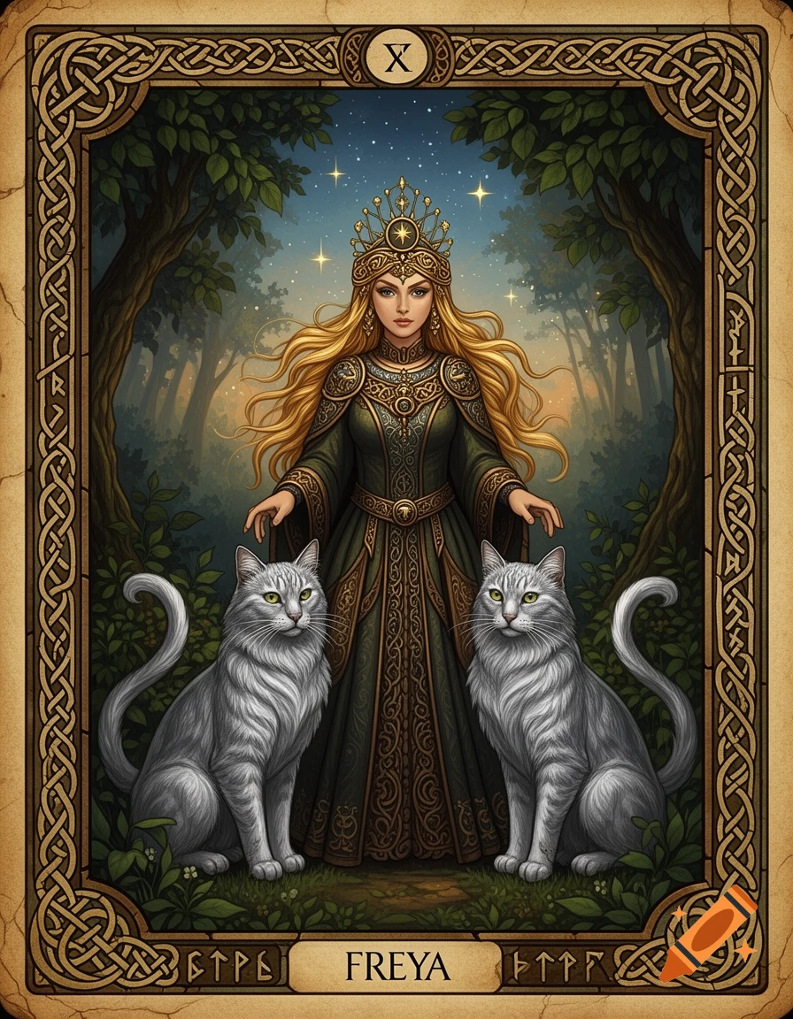 A goddess with long blonde hair and a crown, flanked by two grey cats, in a detailed tarot card style with Celtic knot borders.