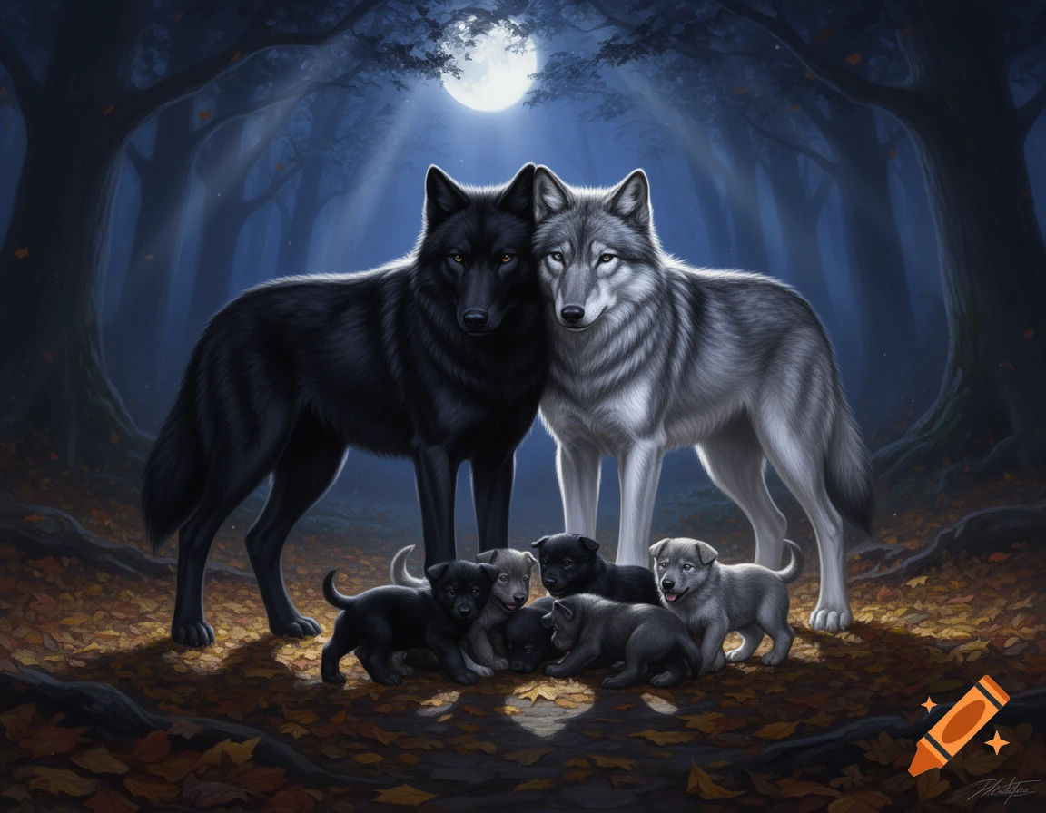 A black wolf and a gray wolf stand protectively over their five puppies in a moonlit autumn forest.