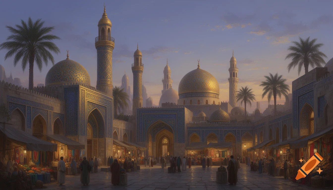 A bustling marketplace in an ancient Islamic city with ornate mosques, minarets, and palm trees under a twilight sky.