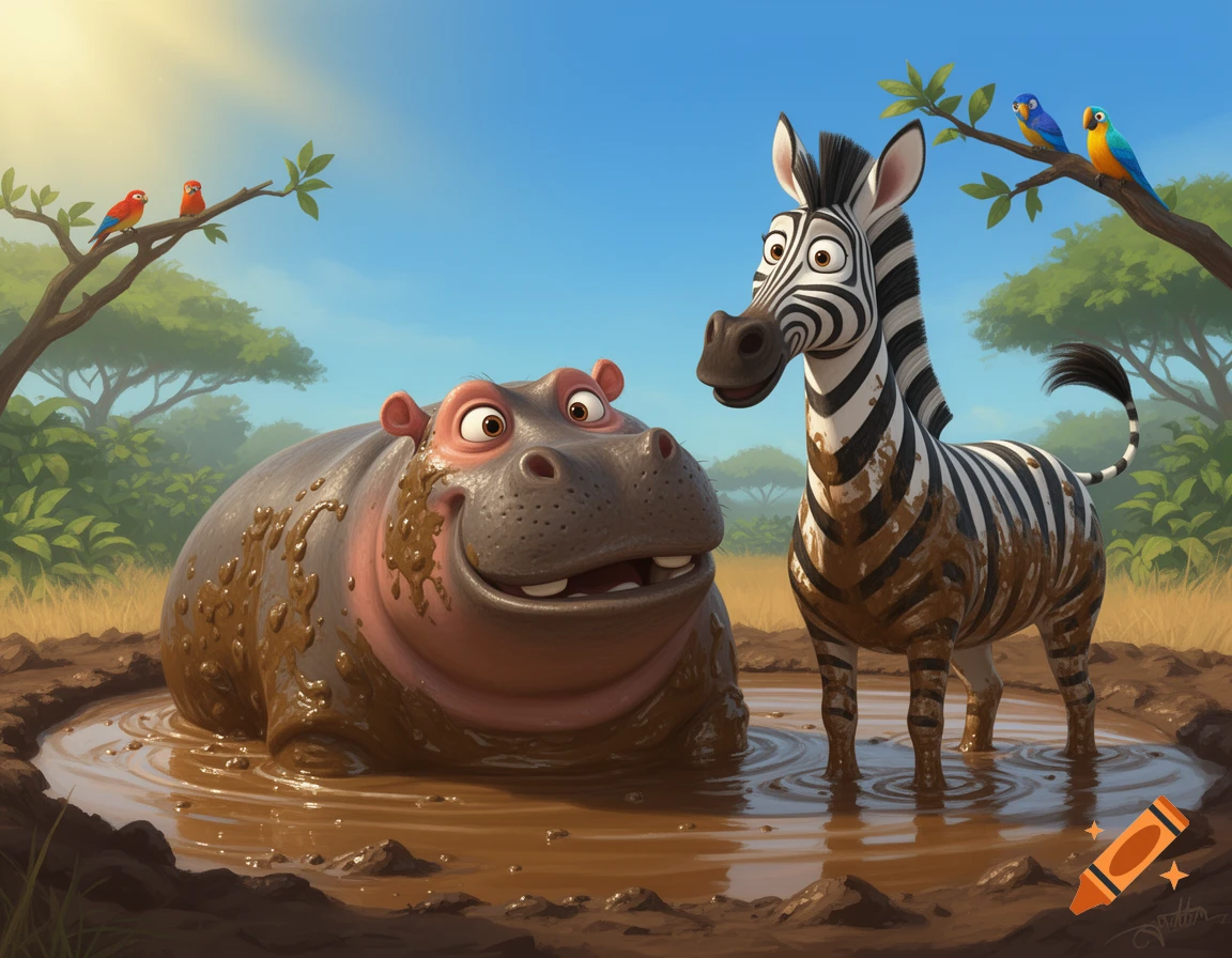 A cartoon hippo covered in mud sits in a mud puddle next to a muddy zebra, with birds in trees in a sunny safari landscape.