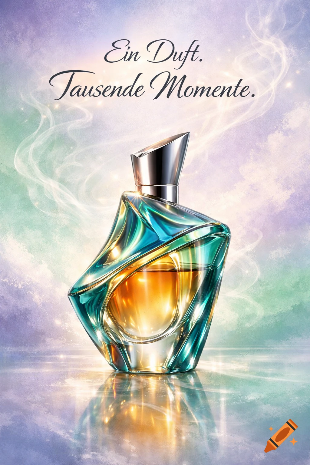 A modern, iridescent perfume bottle with teal and amber liquid, on a reflective surface against a soft, colorful background with the German slogan "Ein Duft. Tausende Momente."