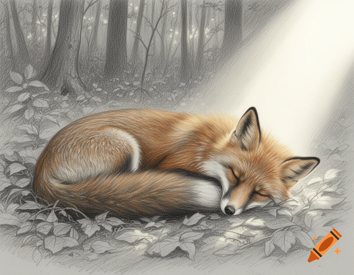 A detailed pencil drawing of a red fox curled up and sleeping on a forest floor, bathed in a ray of light.