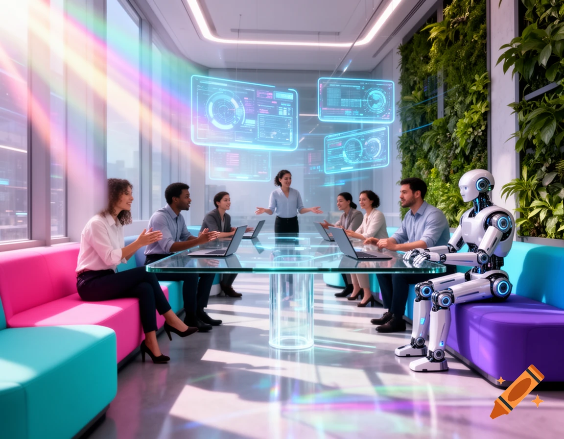 Diverse people and a robot in a colorful, futuristic office meeting with holographic screens.
