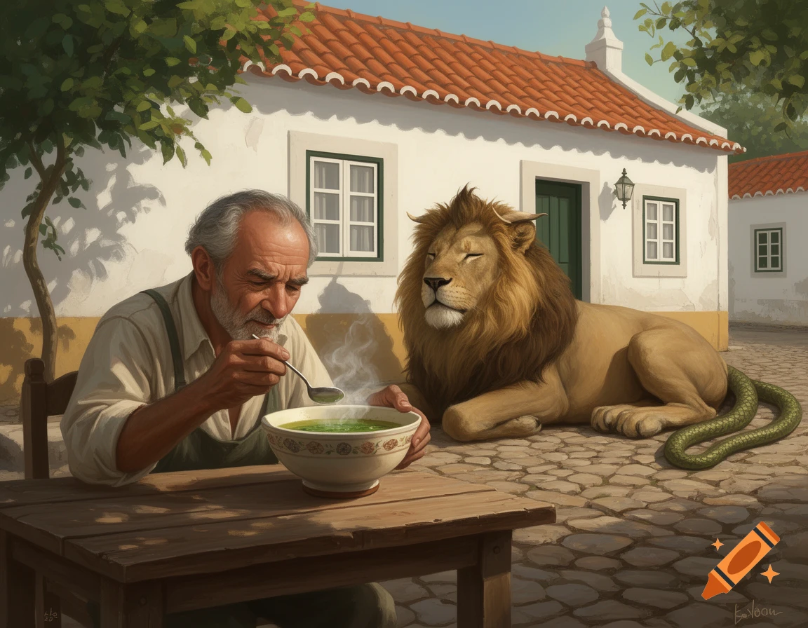 An old man with a beard eats a bowl of green soup at a wooden table outdoors, with a lion-snake chimera relaxing beside him in front of a white house with an orange tiled roof in a painterly style.
