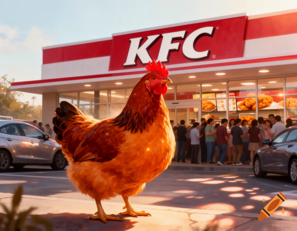 A giant photorealistic chicken stands in a parking lot in front of a KFC restaurant, with people inside.