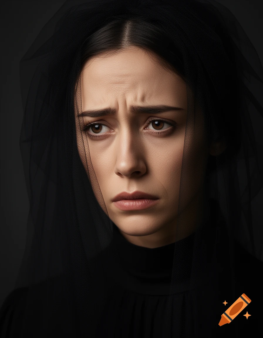 Photorealistic portrait of a melancholic woman in black clothing and a delicate black veil.