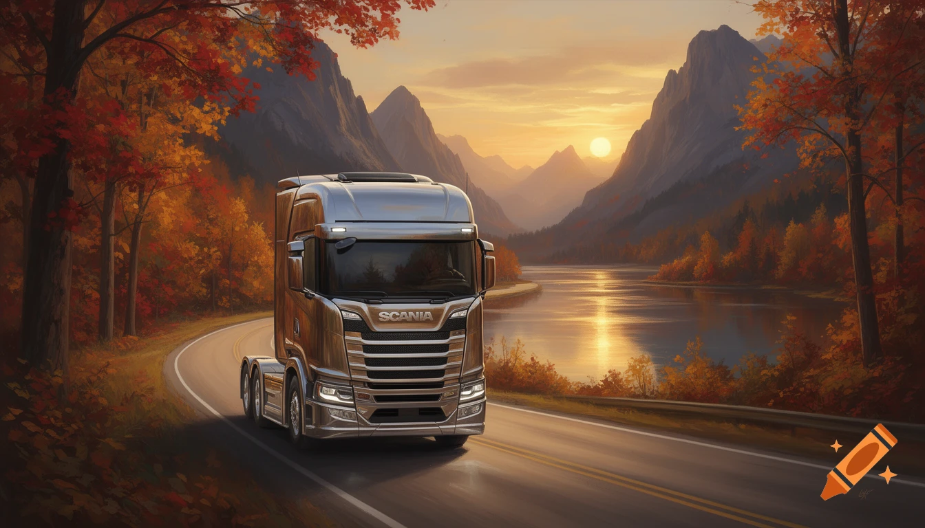 A silver Scania truck drives on a winding road through an autumn forest beside a lake, with mountains and a sunset in the background.