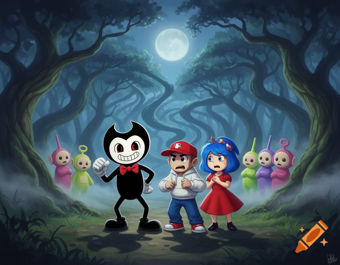 Cartoon illustration of Bendy, a boy in a red cap, a girl in a red dress, and four Teletubbies looking scared in a dark, moonlit forest.