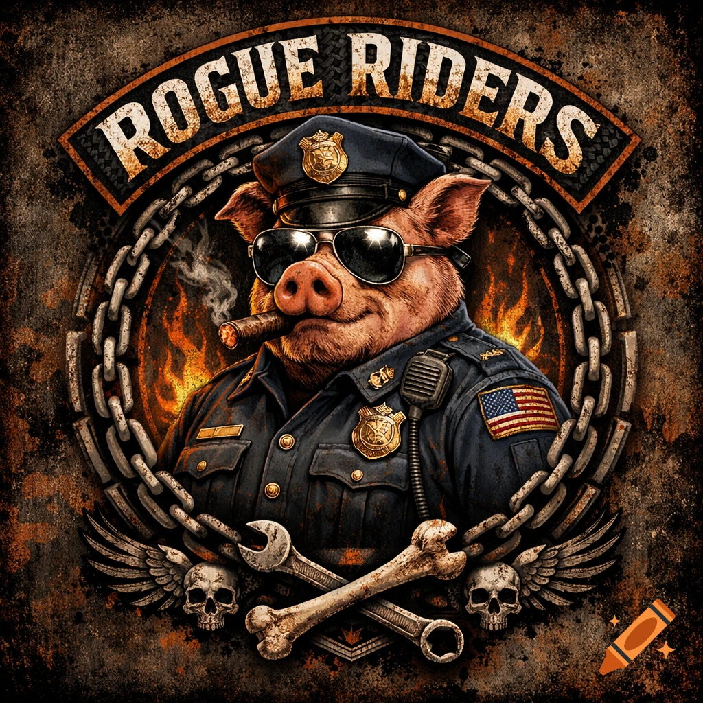 Anthropomorphic pig in police uniform, sunglasses, smoking a cigar, set in a distressed biker logo with chains, skulls, and "ROGUE RIDERS" text.