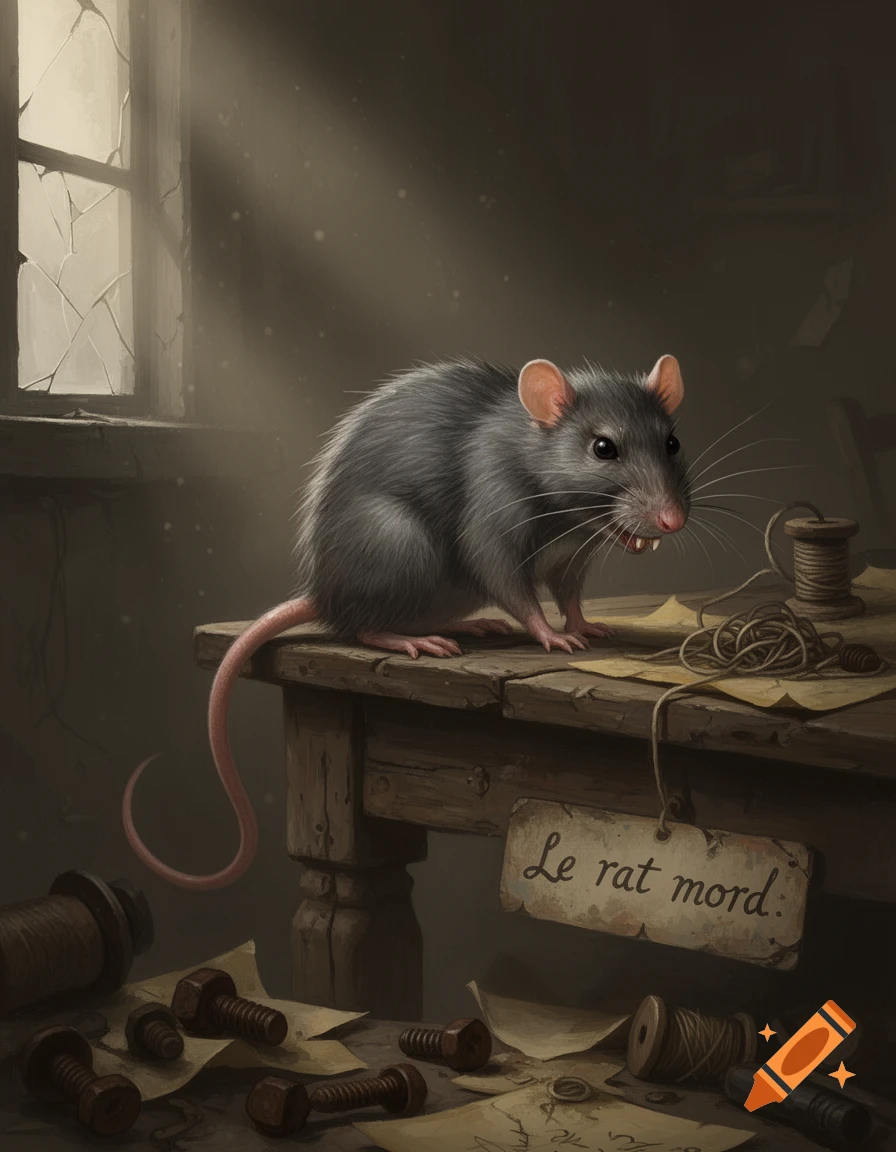 A detailed, realistic illustration of a rat with bared teeth on a dusty wooden table with spools and papers, under a broken window.