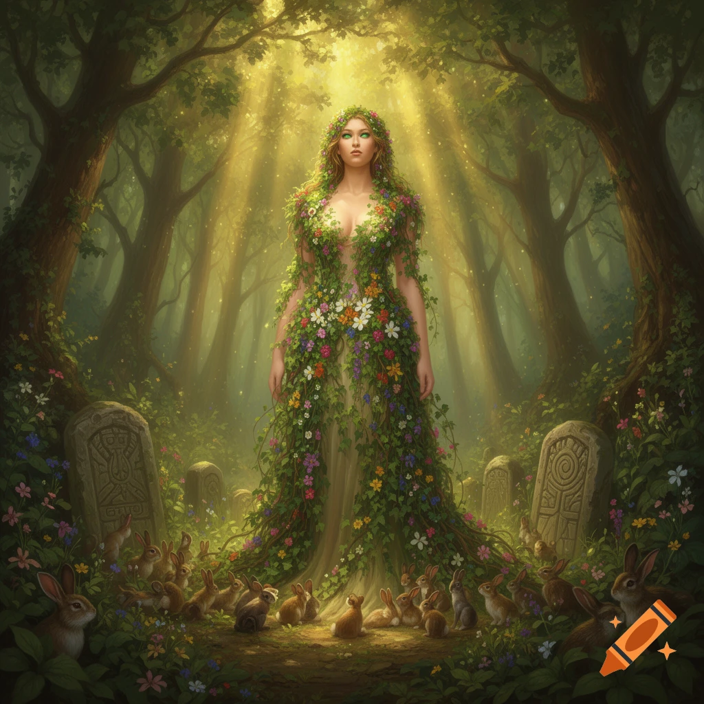 A nature goddess in a dress of leaves and flowers stands in a mystical forest with rabbits and gravestones.