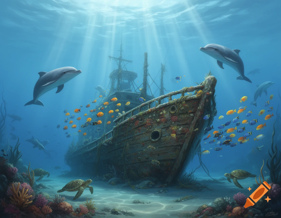 Photorealistic underwater scene with dolphins, sea turtles, and fish around a sunken wooden shipwreck on the seabed.