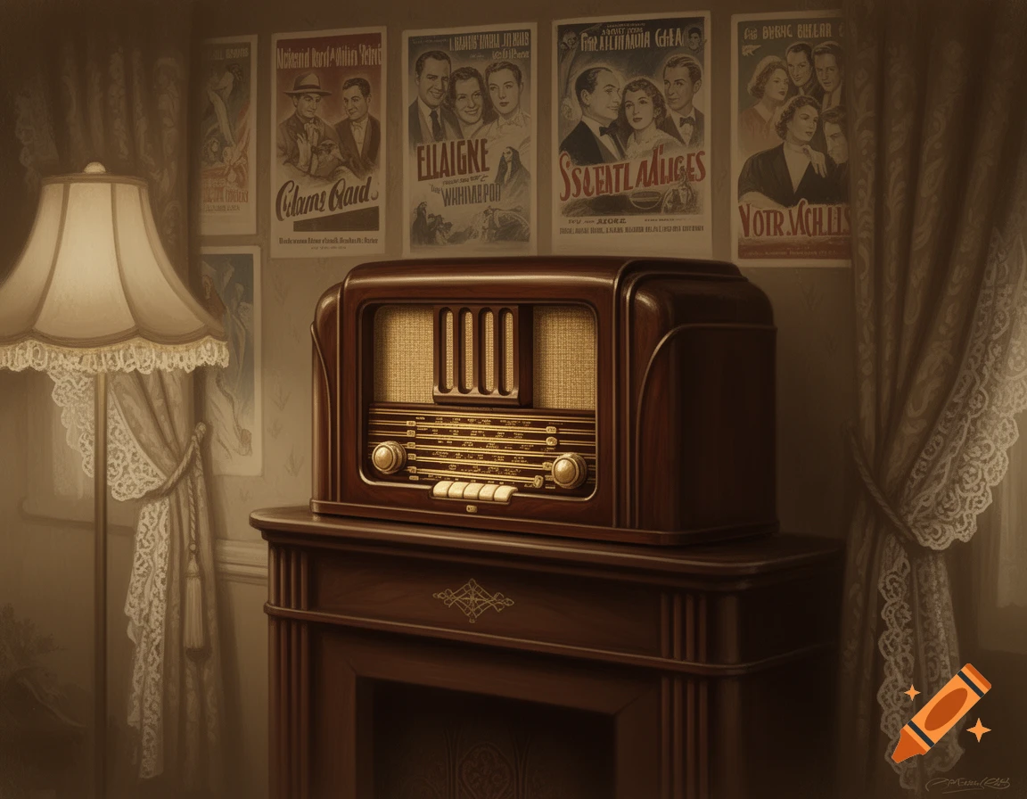 A brown antique radio sits on a wooden stand in a dimly lit room, with vintage movie posters and a fringed lamp.