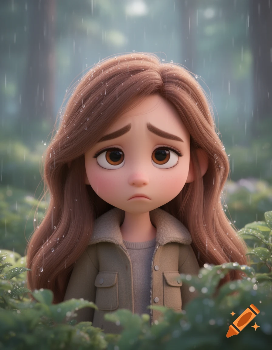 A cute 3D cartoon girl with long brown hair and a sad expression, wearing a cozy jacket in a rainy forest setting, Pixar style.