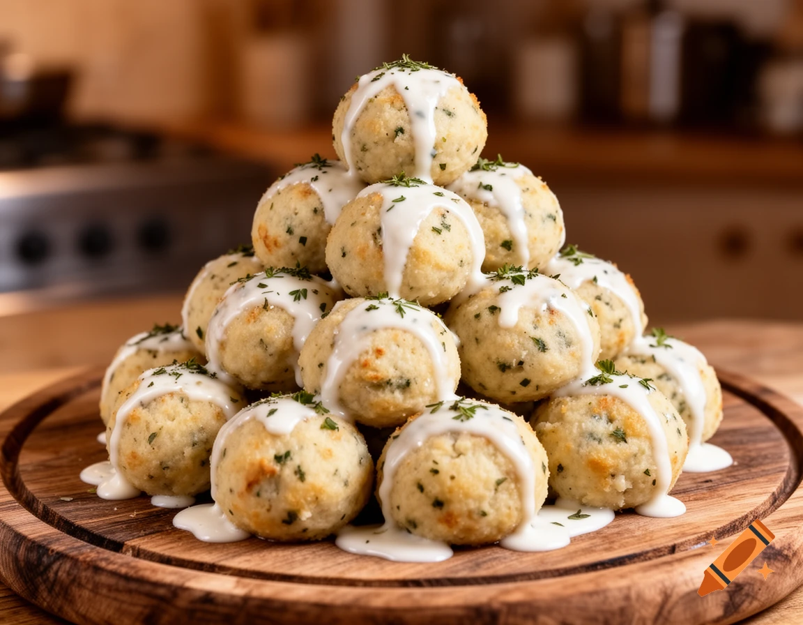 A photorealistic pyramid of Bavarian semmelknödel (dumplings) drizzled with white cream and herbs, on a rustic wooden board.