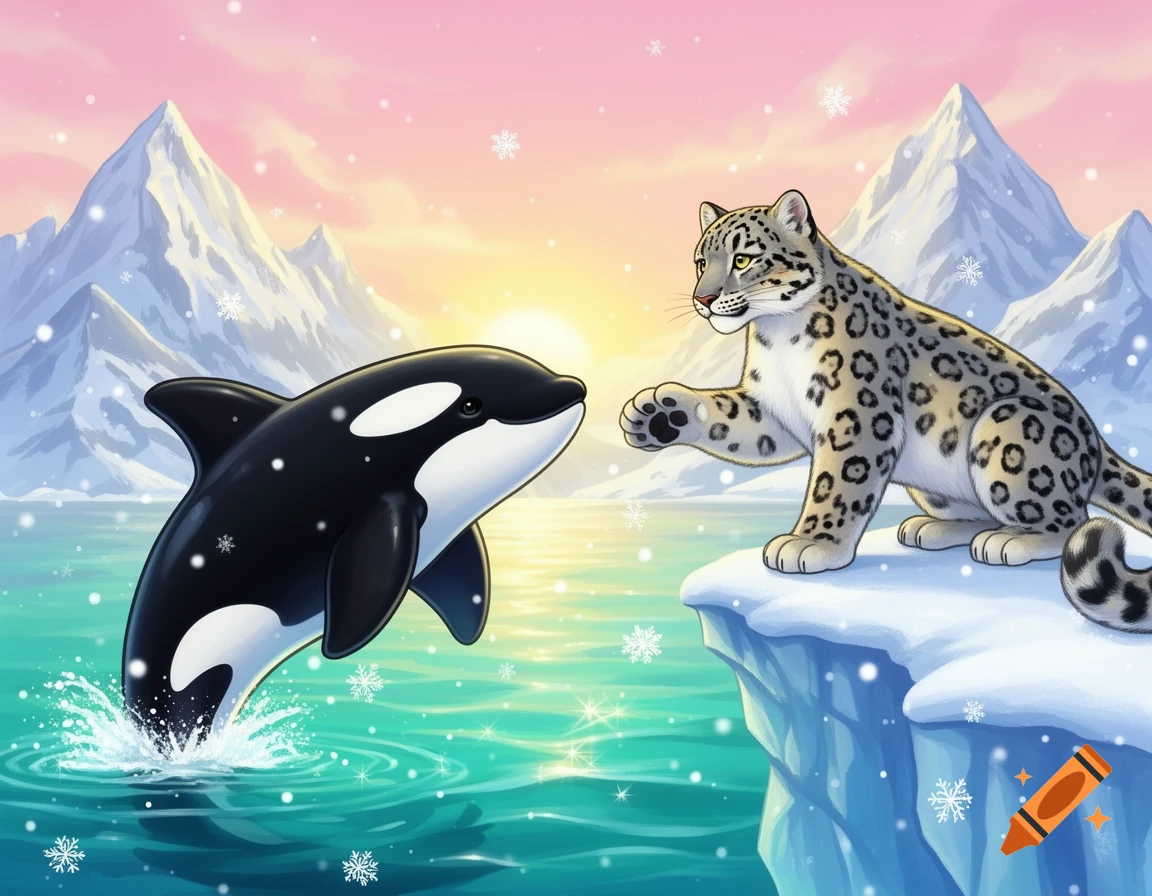 A cartoon orca jumps from icy water towards a snow leopard on a snowy cliff, against a mountain sunset.